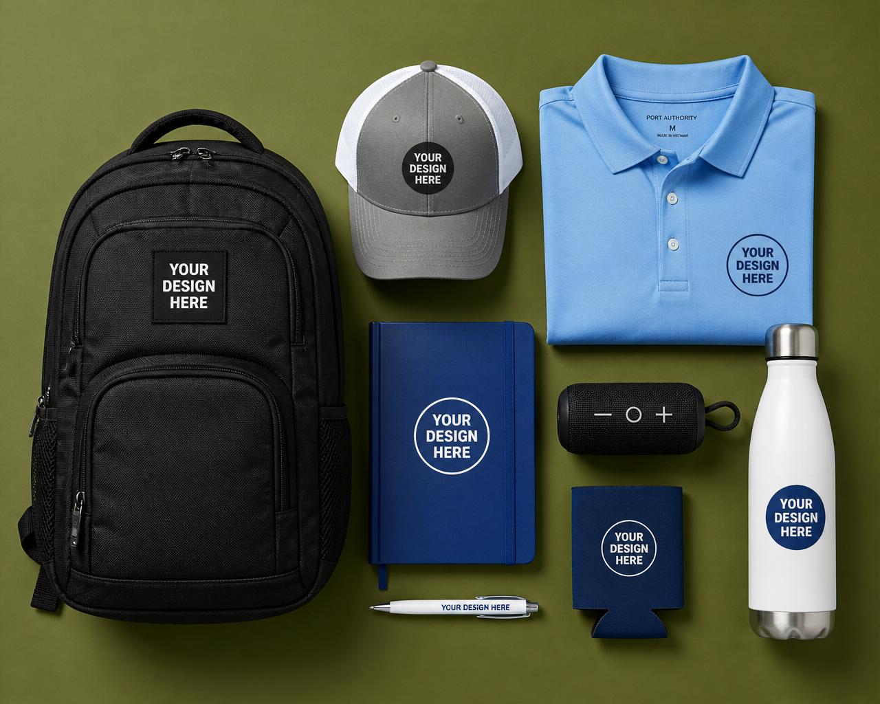 Assorted custom branded merchandise: backpack, cap, polo, notebook, water bottle, speaker, koozie, and pen